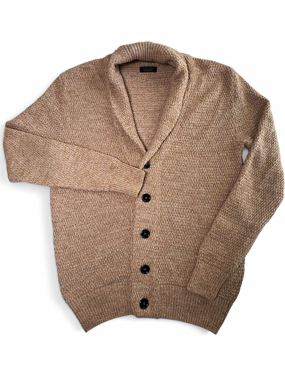 ZARA MAN Shawl Collar Cardigan Tan Beige Textured Knit Sweater Medium M